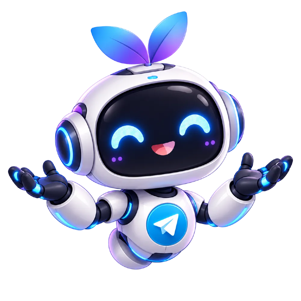 Zinnia, a friendly white robot with a Telegram badge on its chest